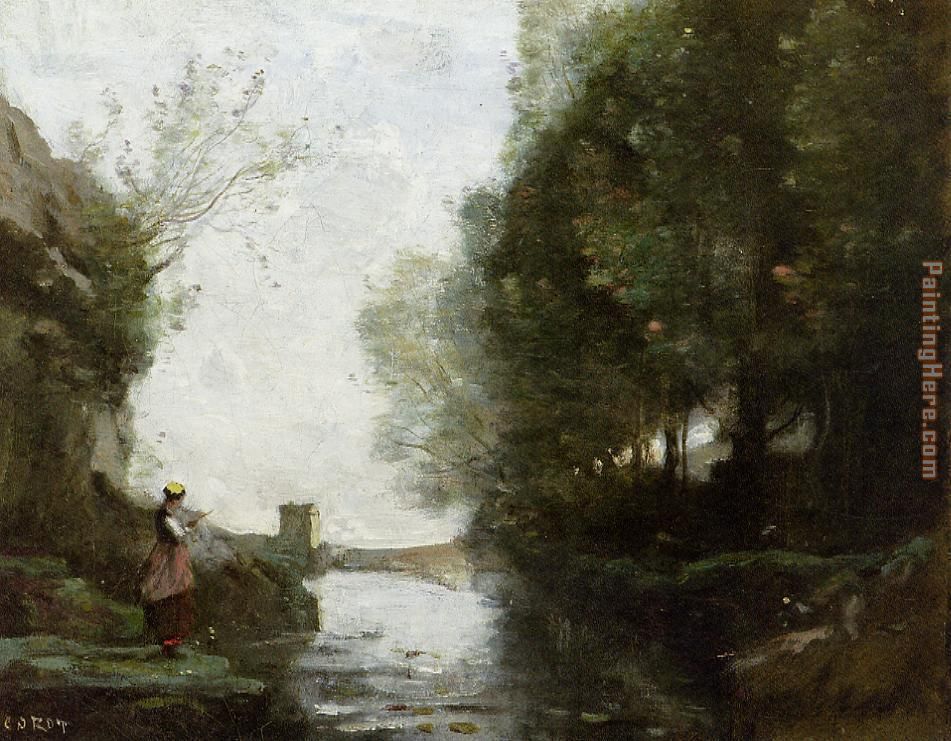 Watercourse leading to the square tower painting - Jean-Baptiste-Camille Corot Watercourse leading to the square tower art painting